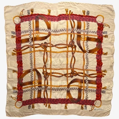 Vintage 80s Paolo Gucci Equestrian Buckle Print Silk Scarf, Horse Strap Sam Whan - Image 1 of 4