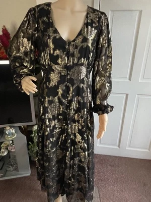 Roman Black/Gold Floral Tiered party midi Dress sz14 lined elastic backwaist VGC - Image 1 of 4