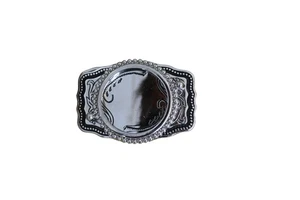 Fibbia cintura western vintage metallo argento ovale pergamena made in USA cowboy anni 90 - Foto 1 di 4