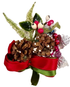 Christmas Corsage Glass Balls Pine Cones Bottle Brush Foil Leaves VTG #1342 - Picture 1 of 8