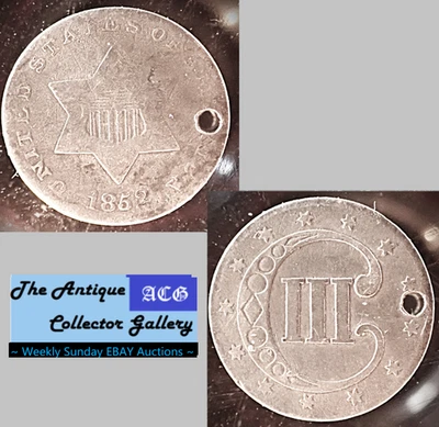 1852 US Phila Mint Silver Type 1 Trime🪙No Outlines to Star🪙3 Cents🪙Hole - Image 1 of 4