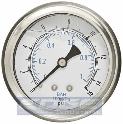 LIQUID FILLED PRESSURE GAUGE 0-15 PSI, 2.5" FACE, 1/4" BACK MOUNT WOG - Image 1 of 3