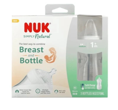 Botellas NUK Simply Natural con botellas de temperatura segura flujo medio 9 oz, paquete de 3 Foto 1 de 2