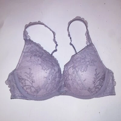 Sujetador Victoria Secret 32C Push Up Gris Encaje Estrás Bling Adornado Con Aros Foto 1 de 4