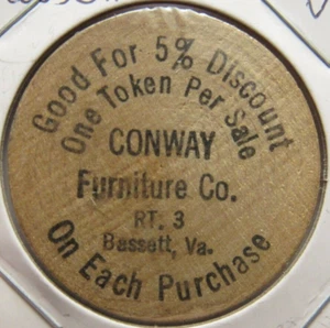 Vintage Conway Furniture Co. Bassett, VA Wooden Nickel - Medaille Virginia - Bild 1 von 2