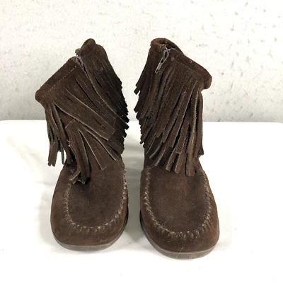 Minnetonka Boots Women 8  Suede Double Fringe Ankle Wedge Bootie Chocolate Boho - Image 1 of 4
