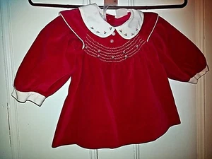 Vintage handgesmoktes rotes Samtkleid Baby Mädchen weiß Satinkragen 12 Monate EXC - Bild 1 von 5