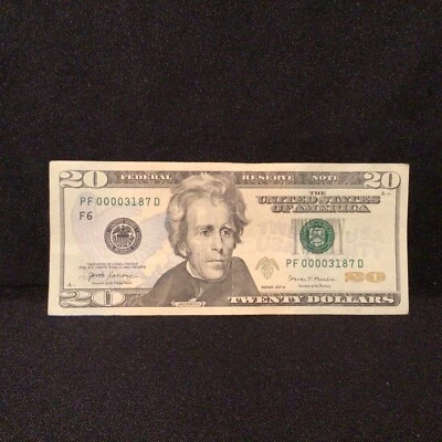 VERY LOW ZEROS 4 of a kind FANCY SERIAL NUMBER $20 DOLLAR BILL 00003187 (2017A) - Image 1 of 4