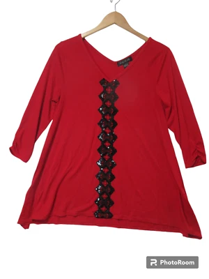 Blusa túnica vermelha seda agosto tamanho G preta lantejoulas Natal feriado manga 3/4 - Imagem 1 de 4