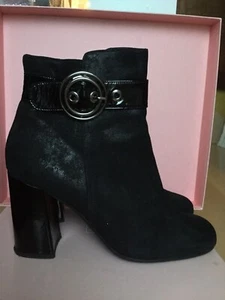 Les Venues Schwarze Stiefeletten Lack Velours Leder Block Absatz Sexy - Bild 1 von 11