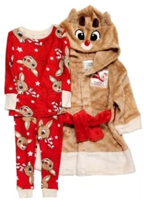 Rudolph The Red Nosed Reindeer Toddler Pajamas Bathrobe Hood New 3-Pc Size 2T - Picture 1 of 14