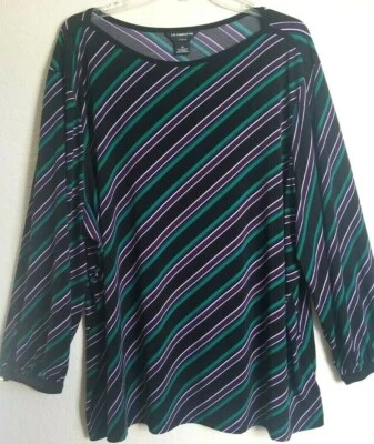 Liz Claiborne Woman 3X Blouse Black Green Purple Striped 3/4 Sleeve - Image 1 of 3