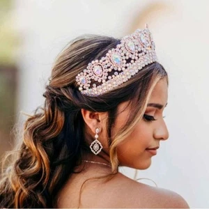 Rosegold AB Steine Diadem Corona Krone Quinceanera Braut verstellbar Pin In - Bild 1 von 7
