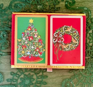 Vintage Congress Christmas Themed Playing Cards Tree/Wreath Crushed Velvet Box - Picture 1 of 6