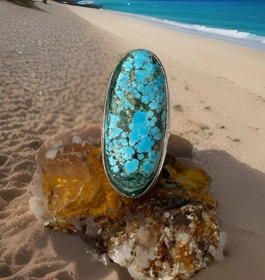 Anillo de piedras preciosas artesanales turquesa talla 7 - enchapado en plata 925 - nuevo Foto 1 de 4