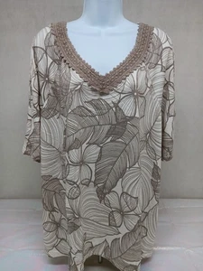 Catherines Brown Beige Split Short Sleeve Embroidered V-Neck Blouse Size 2X - Picture 1 of 11