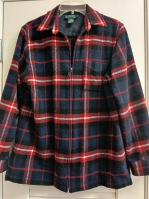 复古 Lauren Ralph Lauren 女式 M 蓝色/红色格子拉链夹克 100% 羊毛二手状况完好 — 第 1/4 张图片