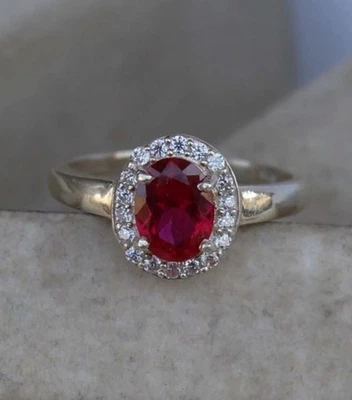 Oval Ruby Lab Created Ring Engagement Statement Ring 925 Sterling Silver Ring - Image 1 of 4