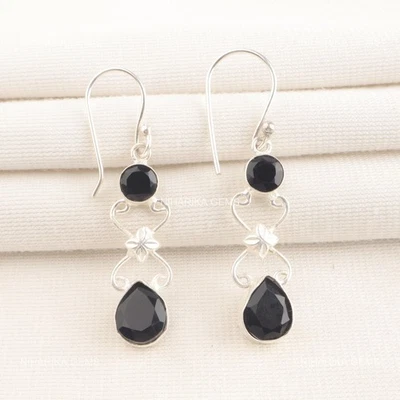 Pera Ónice Negro Gema Gota Raíz Chakra Pendientes Joyería 925 Plata de Ley - Imagen 1 de 4