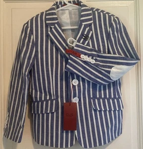 Elie Balleh Blazer Blue White Stripes 100% Cotton Elbow Ptchs Sz M 4 5 Slim Fit - Picture 1 of 13