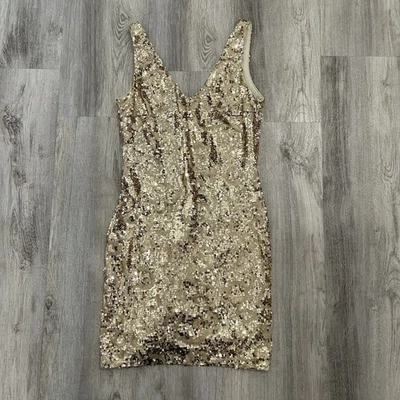 Vestido Bebe Dorado Lentejuelas Nochevieja Club Mujer Mediano Sexy Cuello en V Forrado Mini Foto 1 de 4