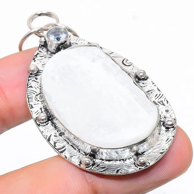 Selenite, pietra preziosa topazio bianco 925 ciondolo gioiello in argento ste... - Immagine 1 di 4