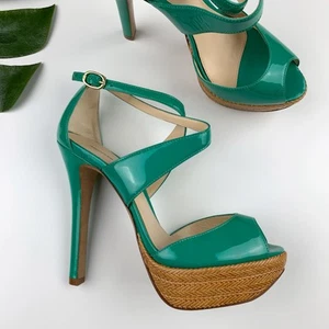 Alexandre Birman Platform Heels Green Patent Leather Peep Toe Women's 6.5 - Picture 1 of 16
