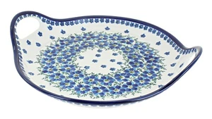 Bandeja redonda para servir Kalina de cerámica polaca rosa azul con asas - Imagen 1 de 1