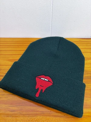Embroidered Lips Green Knit Beanie Winter Hat Red Dripping Lips Unisex One Size - Image 1 of 4