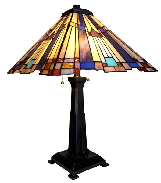 24" 2 light Antique Vintage Style Stained Glass Geometric Mission Table Lamp - Image 1 of 1