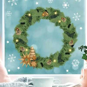 Fensterbild Weihnachten Weihnachtskranz Deko Winter Schneeflocken Stern Holzopti - Bild 1 von 14