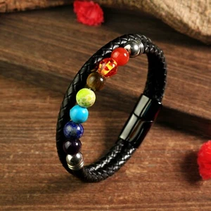 Men 7 Charka Multi layer Braided Leather Protection Bracelet Cuff Clasp Bangle - Picture 1 of 4