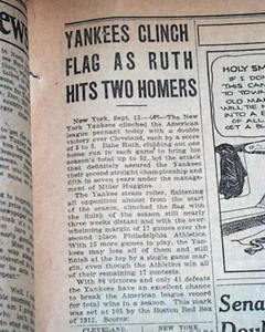NEW YORK YANKEES Babe Ruth & Lou Gehrig MLB Baseball Wins Pennant 1927 Newspaper - Picture 1 of 6