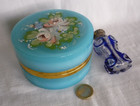 Antique  Murano Round Light Blue Turquoise  Opaline Glass Casket Box