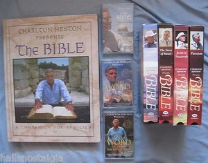 1990's "Charlton Heston Presents The Bible": 4 VHS Tapes, 3 Cassettes, HC Book - Picture 1 of 2