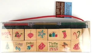 Christmas Rubber Stamps Wood Stamp Set 30 Stamps 3 Pads Michaels Stores A558 - Picture 1 of 6