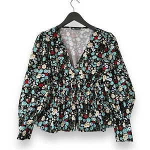 Zara Women Floral Peplum Blouse Top Puff Sleeve UK M Black Green V-Neck Stretch - Picture 1 of 11