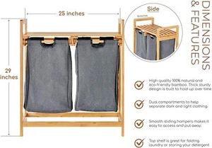 Bamboo Laundry Hamper / Storage Basket Shelf W/ Dual Compartment Removable Liner - Picture 1 of 7