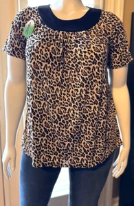 Women's Casual Round Neck Short Sleeve Pull Over Blouse, Top - Leopard Print - Picture 1 of 2