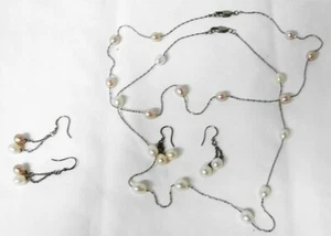 2 Sets Dainty Vintage 18" Freshwater Pearl Necklace & Sterling Pierced Earrings - Picture 1 of 6
