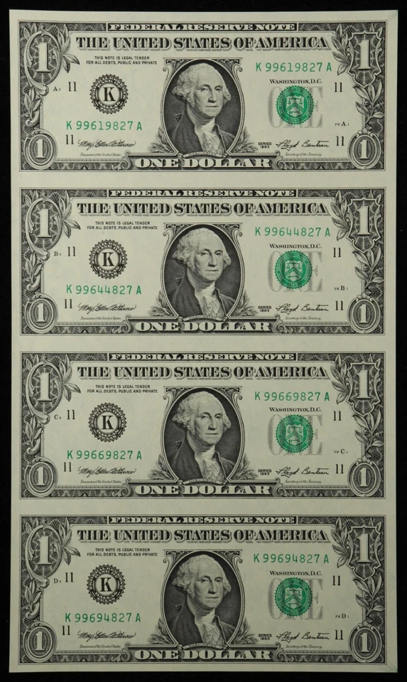 Bureau of Engraving and Printing 1993 $1 Federal Reserve Note Uncut Sheet of 4 - Image 1 of 4