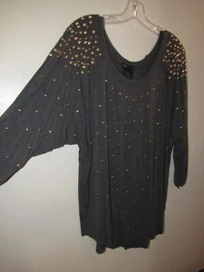 Grace Elements Womens XL Gray 3/4 Dolman Sleeve Top Gold Metallic Accent Cinched - Picture 1 of 7