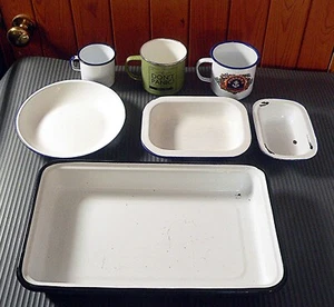 Vintage Bundle Joblot Of Enamel Ware Dishes Bowls Cups Mugs Camping Beach Roast - Picture 1 of 8