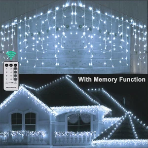 13ft 96 LED Fairy Icicle Curtain Light Party Indoor Outdoor Xmas Home Lamp White - Picture 1 of 14