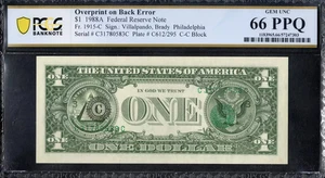 $1 1988-A FRN OVERPRINT ON BACK ERROR Serials + Seals Wrong Side PCGS Gem 66PPQ - Picture 1 of 2