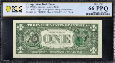 $1 1988-A FRN OVERPRINT ON BACK ERROR Serials + Seals Wrong Side PCGS Gem 66PPQ - Image 1 of 2