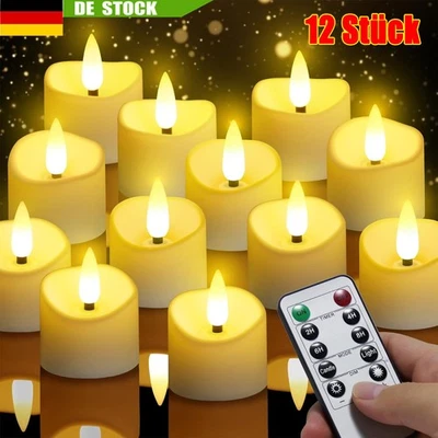 12×Wiederaufladbar Flacker LED Teelichter LED Kerzen Fernbedienung Dimmbar Timer - Bild 1 von 4