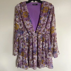 Nasty Gal Womens Size 10 Sunflower Lilac Floral Print Pleated Plunge Mini Dress - Picture 1 of 10