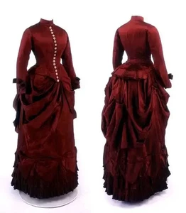 1880s Victorian Burgundy Bustle Prom Dresses Gothic Medieval Lady Walking  - Picture 1 of 9