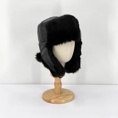 Black Leather Fur Ushanka Trapper Hat Winter Cossack Ear Flap Hat Large - Image 1 of 4
